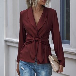 Shein shawl collar tie front blazer - tan / brown